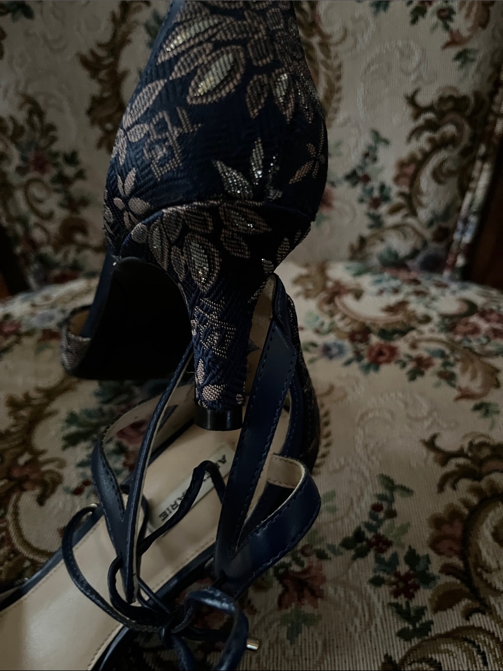 Alex Marie Navy Floral Lace Tie-Ankle Pointed Heels - Picture 4 of 6